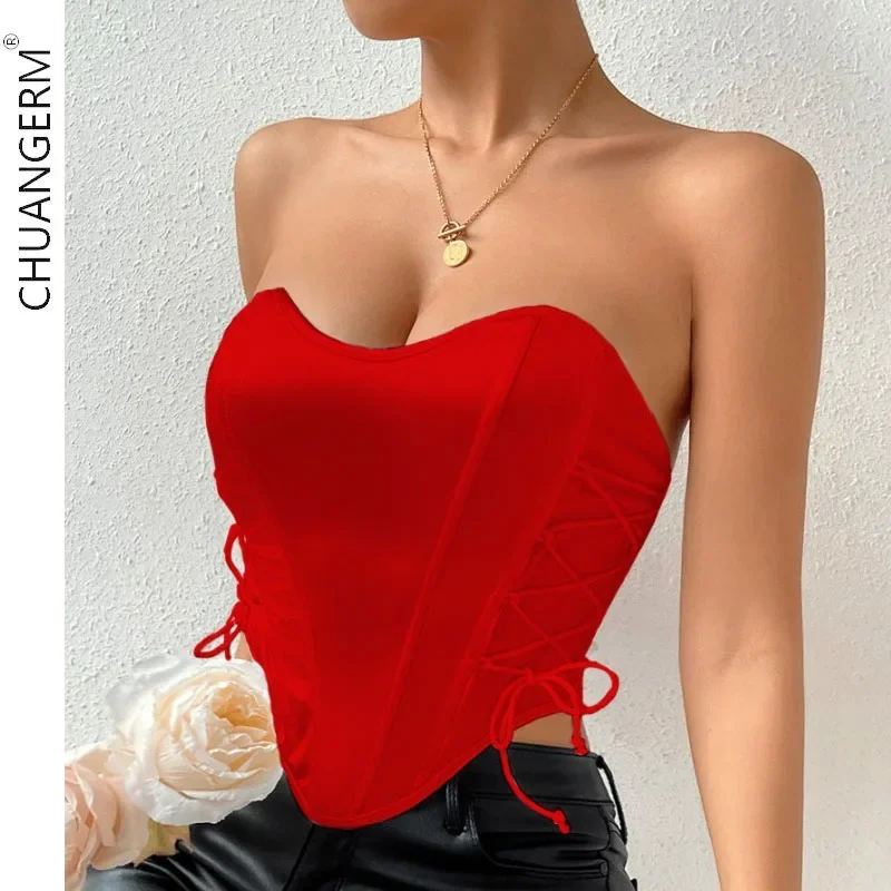 

CHUANGERM Sexy Corset Solid Sleeveless V-neck Backless Bandage Crop Top off Slim Skinny Strapless Lnner Camisole Underbust Vest