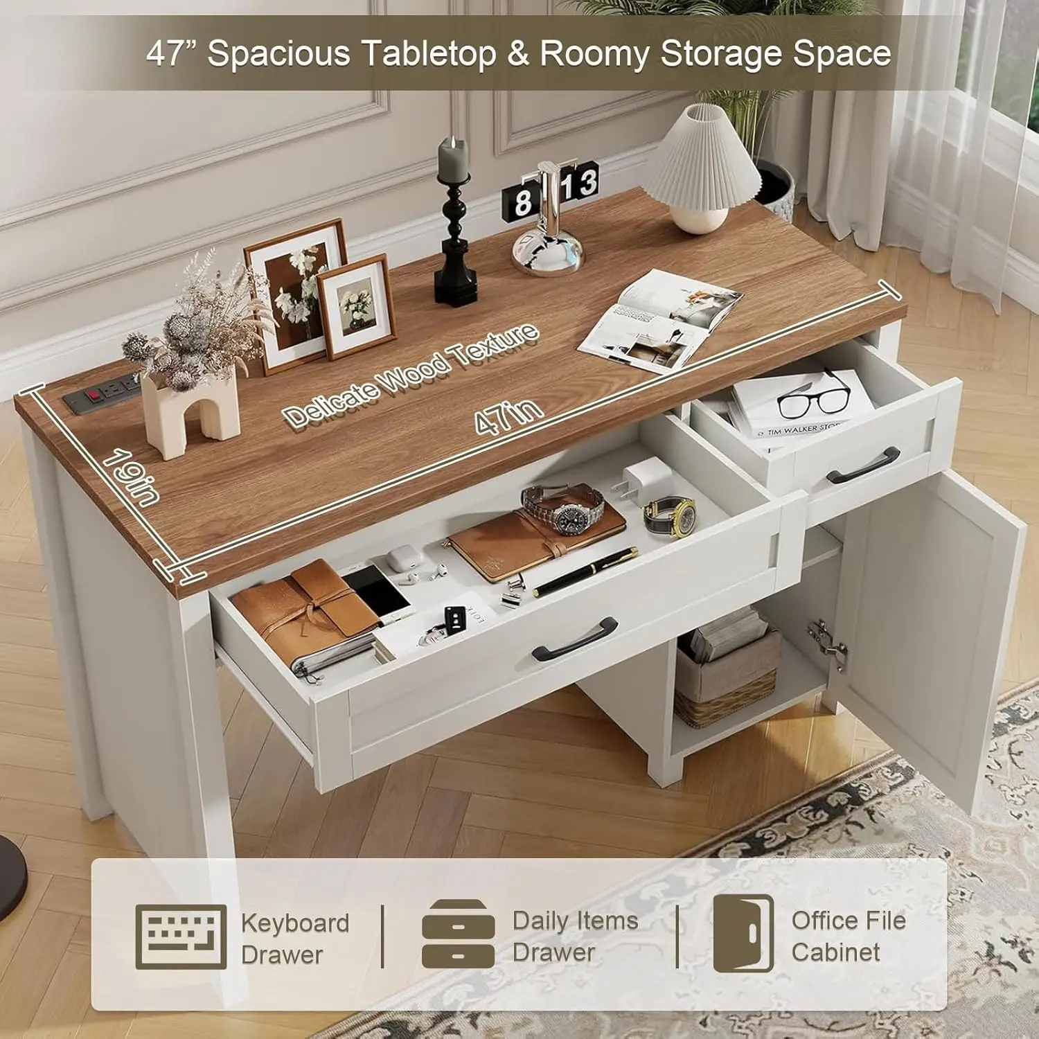 "مكتب تنفيذي Farmhouse 47، مكتب كمبيوتر أبيض مع أدراج وتخزين للمكتب المنزلي والدراسة" #3