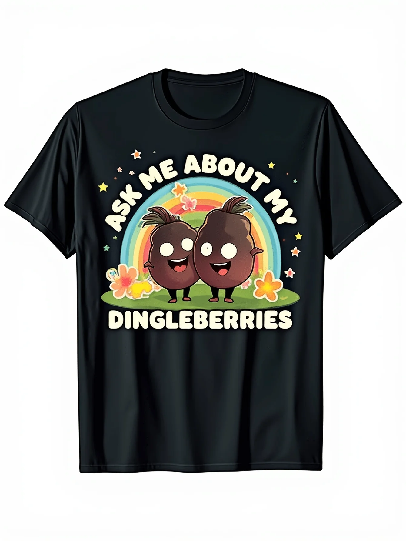 Funny Adult T-Shirt - Ask Me About My Dingleberries - Black Shirt With Brown Berry And Rainbow Design - Soft And Breathablend