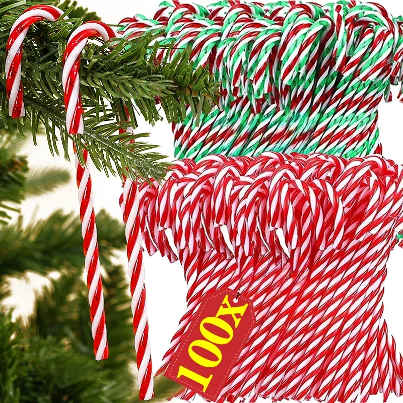 100/10Pcs Christmas Candy Cane Ornament Plastic Christmas Tree Hanging Decoration Twisted Crutch Candy Canes Indoor Party Favor