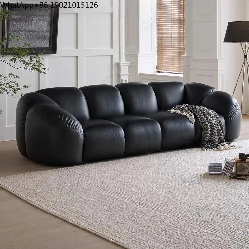 Black retro straight row three-person first-layer cowhide sofa  FT