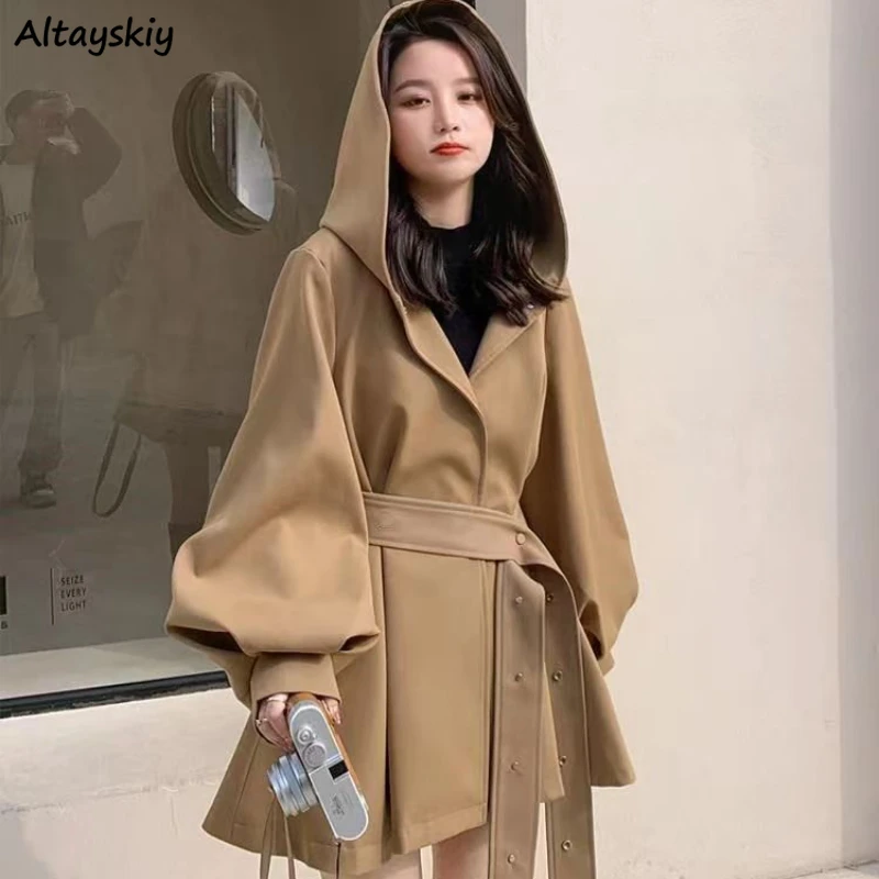 

Hooded Trench Coat for Women Solid Vintage Bandage Design Aesthetic Autumn Lantern Sleeve Streetwear Feminino Casual Daily Lady