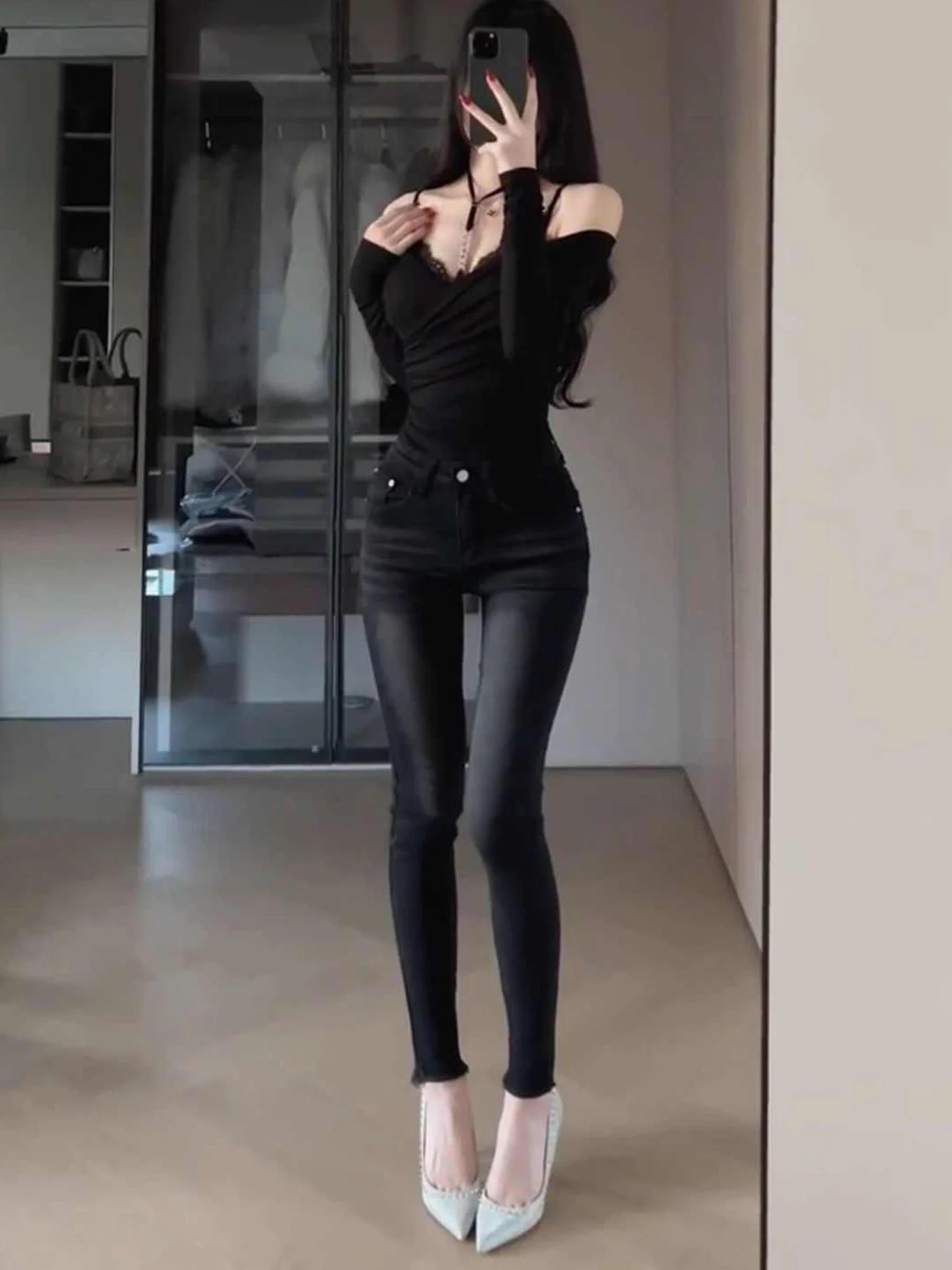 Slim Fit High Waist Denim Jeans Women's Autumn New Style Elastic Versatile Nine Points Pencil Pants Korean Style Ins Wind