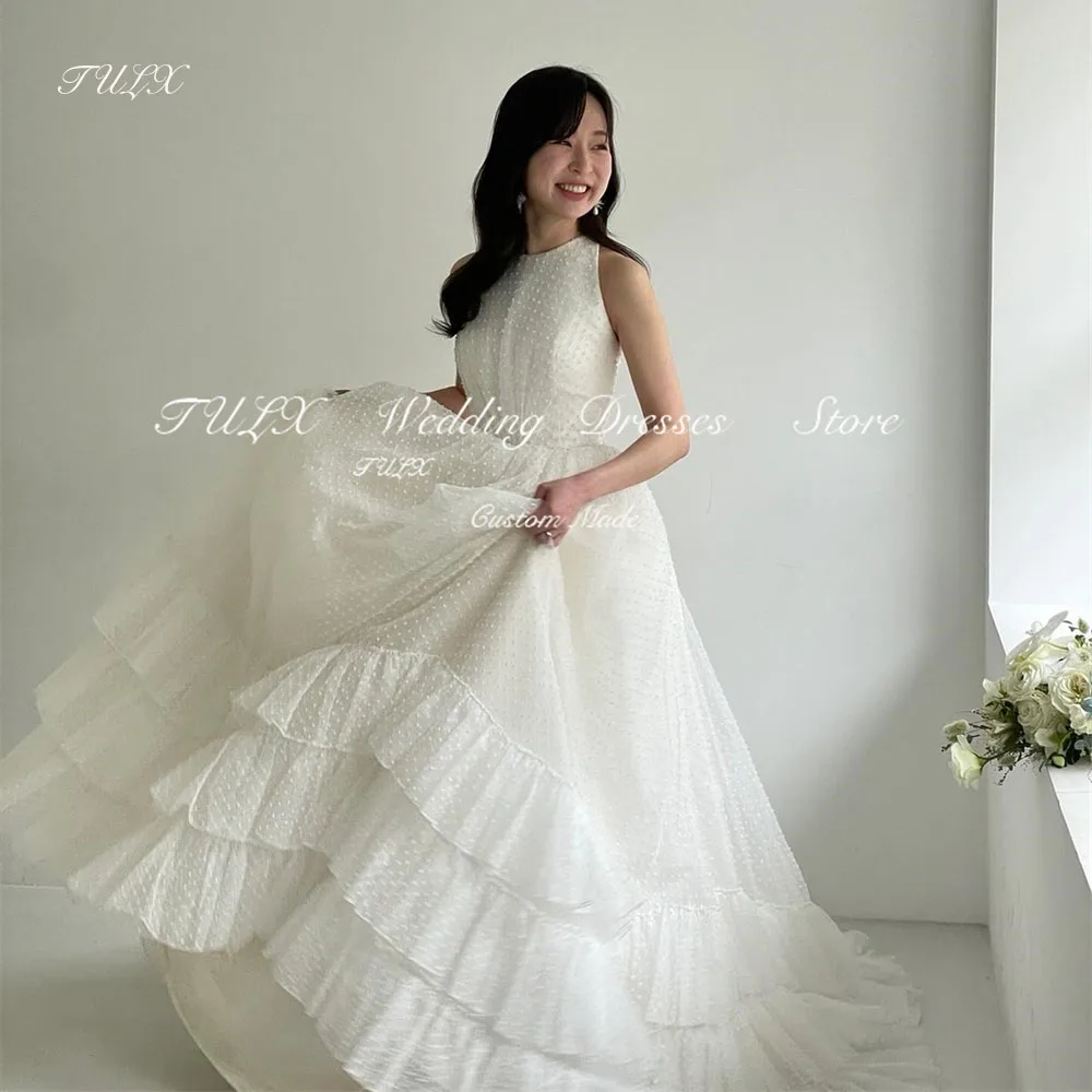 

TULX Princess Dots Tulle Wedding Photo Shoot Dress Customized Floor Length Tiered Korea O-Neck Puffy Bridal Gowns Corset 웨딩드레스