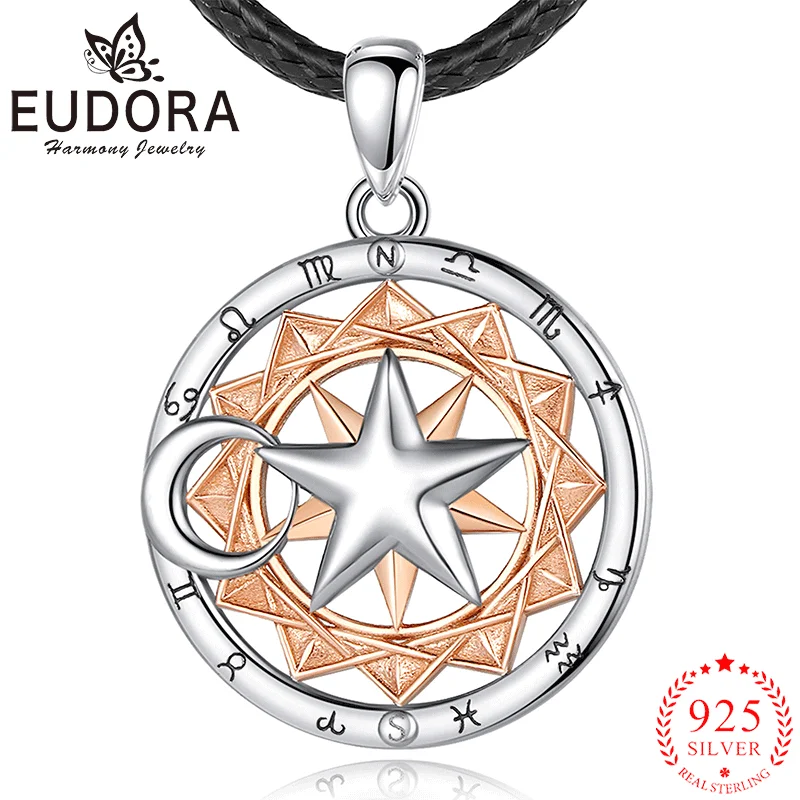 Eudora-colgante de plata de ley 925 para hombre y mujer, collar con 12 signos del zodiaco, pentagrama, luna, estrella, sol, rueda, joyería con personalidad, regalo