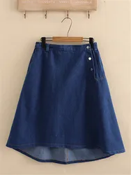 Jupe en jean grande taille pour femme, ceinture élastique, bouton, grande jupe, longueur genou, tissu denim fin, jupe parapluie