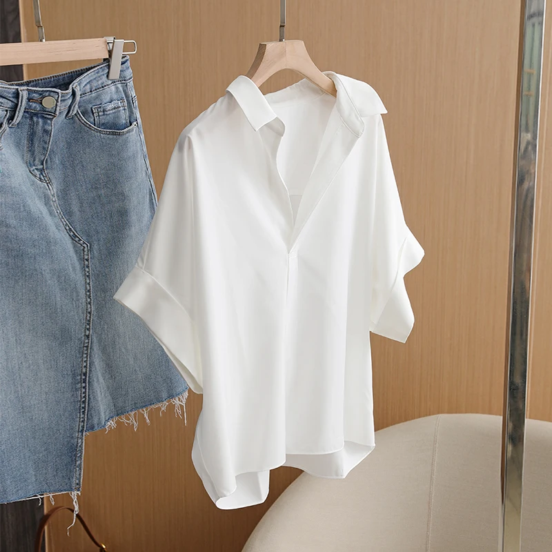 

Женская шифоновая блузка с V-образным вырезом, белая, летняя, с рукавами «летучая мышь», короткий рукав, высококачественная, брендовая, приталенная, модная, в корейском стиле, для повседневной носки