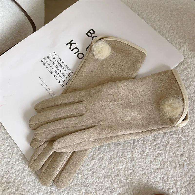 Women Winter Keep Warm Touch Screen Suede Hairball Gloves Fashion Elegant Drive Cycling High Elasticity Soft Retro Style