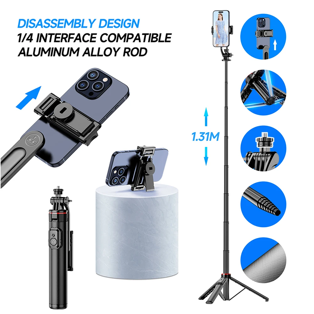 

C12D 1,3-метровый штатив для селфи-палки, выдвижной алюминий 360° ° Поворотный штатив Bluetooth для винта 1/4 для IPhone/Android