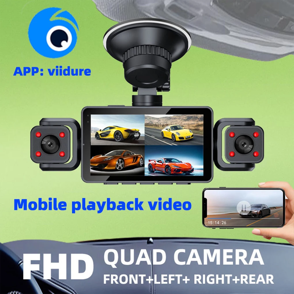 سيارة داش كام أسود أربعة عدسة صندوق كاميرا القيادة FHD 1080P الجبهة اليسرى اليمنى الخلفية G-الاستشعار للرؤية الليلية حلقة تسجيل