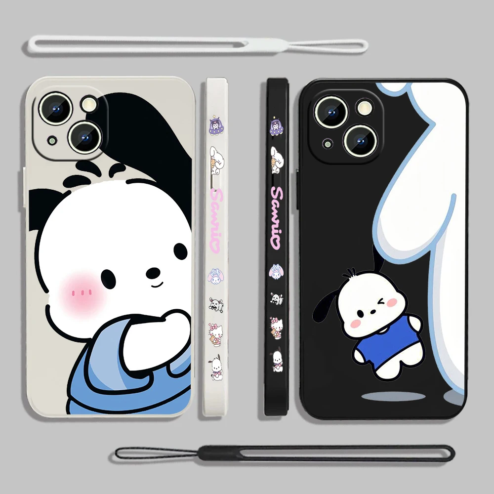 Pacha Dog Sanrio Cartoon Cute Liquid Left Rope For Apple iPhone 15 14 13 12 11 XS XR X 8 7 SE Pro Max Plus Mini Soft Phone Case