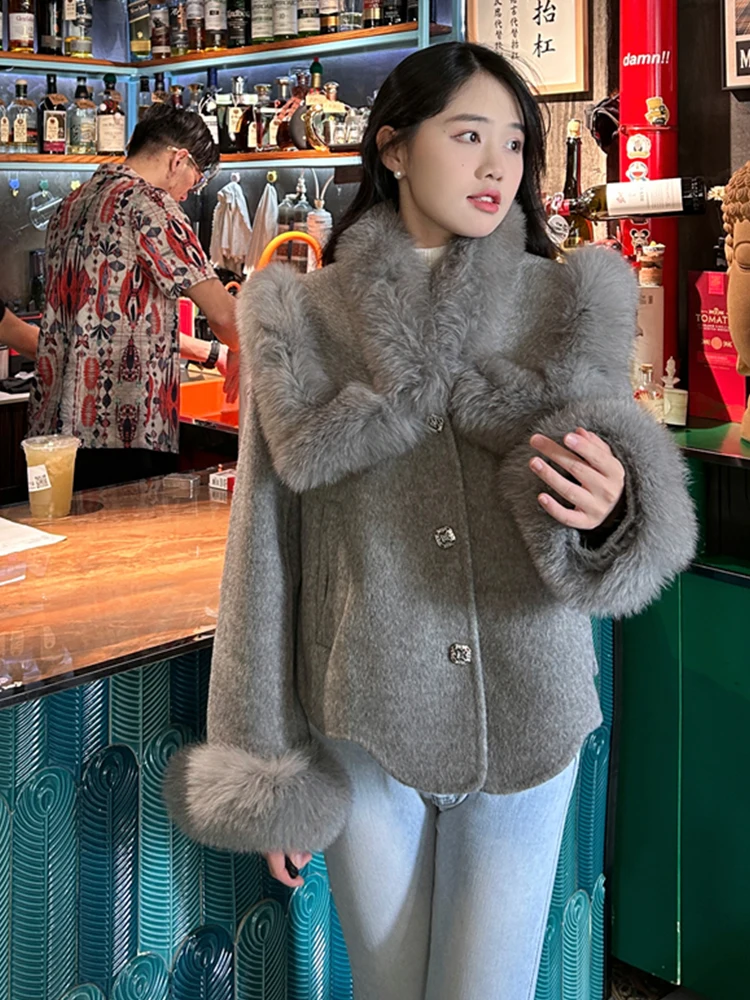 

New Autumn Winter Cashmere Wool Woolen Female Coat Real Fur Coat Women Natural Fox Fur Collar Jacket Ladies Outerwear