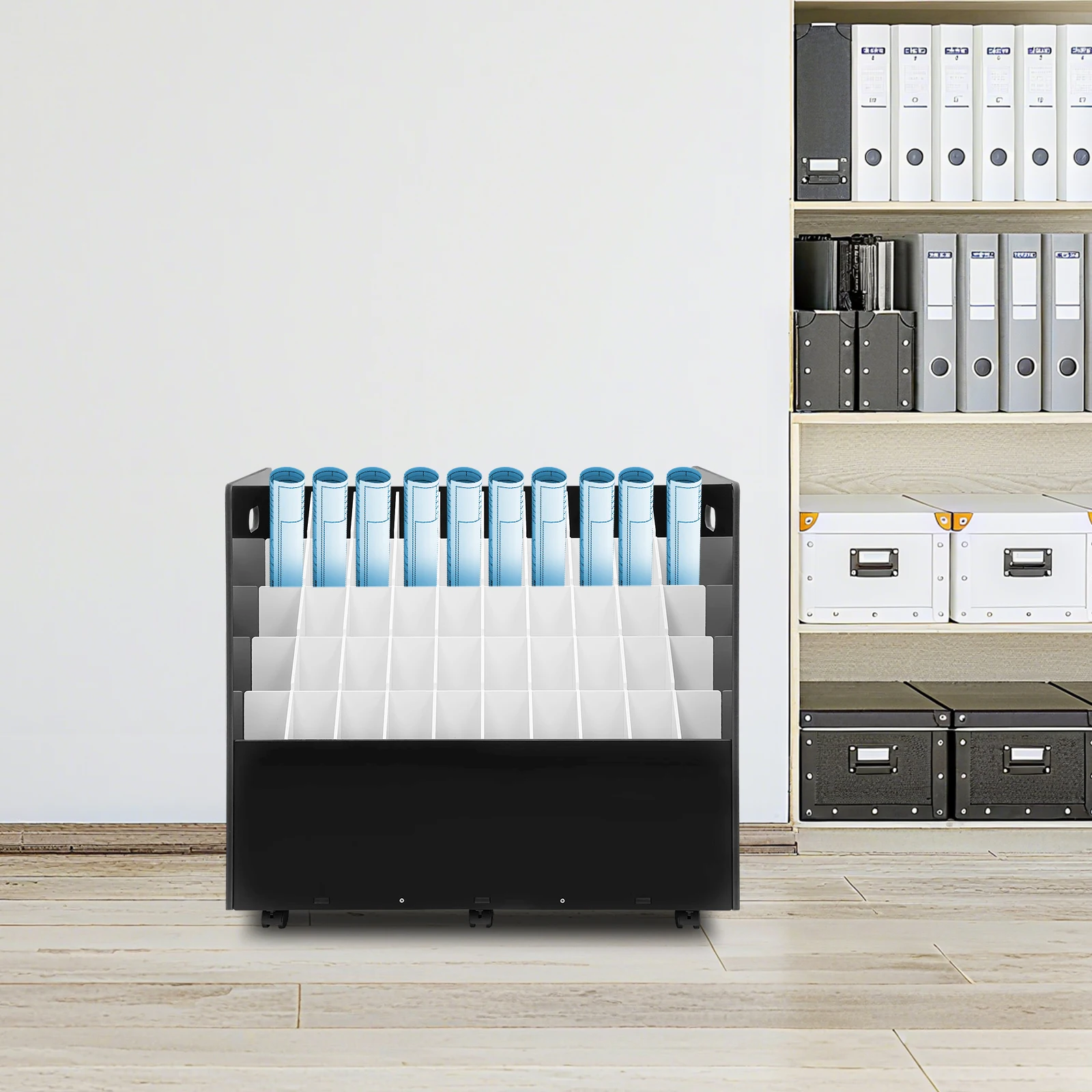 

50 Slots Mobile Roll File Cart,W/ Wheels& Removable Dividers, Roll Files Storage for Office& Home, Blue Print Storage Organizer