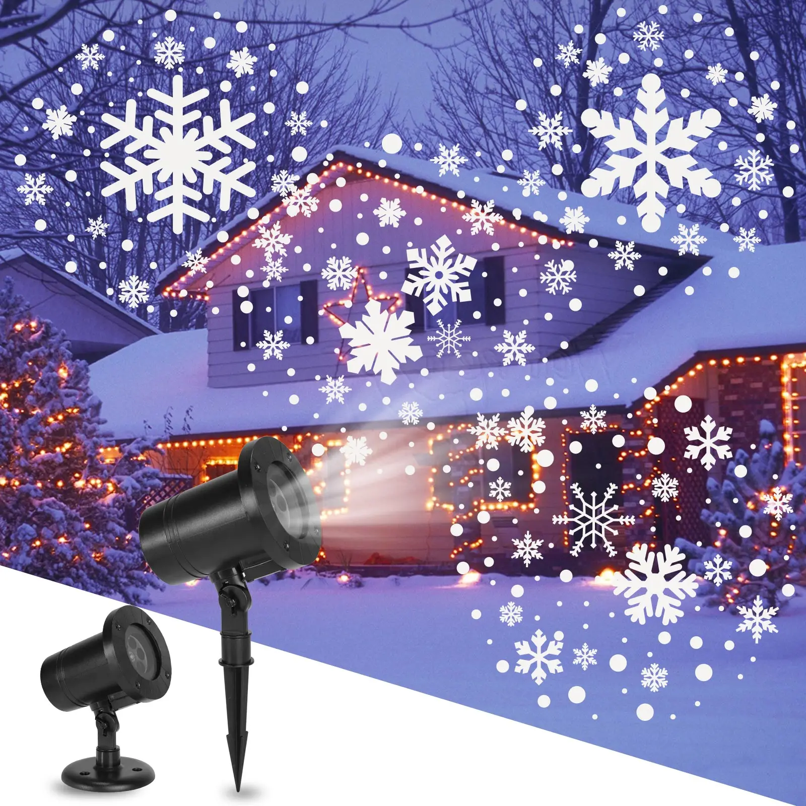 Christmas Snow Projector Lights IP65 Waterproof Outdoor Snowflake LED Projector Rotating White Snow Falling Projection Lamp Xmas