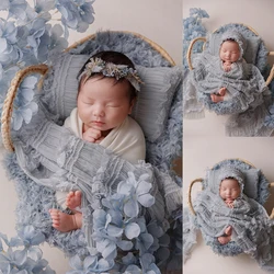 Newborn Wrap Photography White Cotton Stretch Wrapping Lace Hat Pillow Feather Mat Photo Props Artificial Flower Decoration Prop