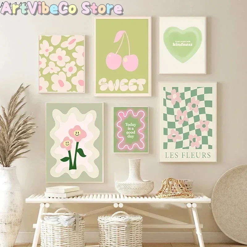 Boho Green Heart Fashion Wall Art Colourful Cherry Pink Green Canvas Painting Flower Market Cozy Living Room Gallery Poster