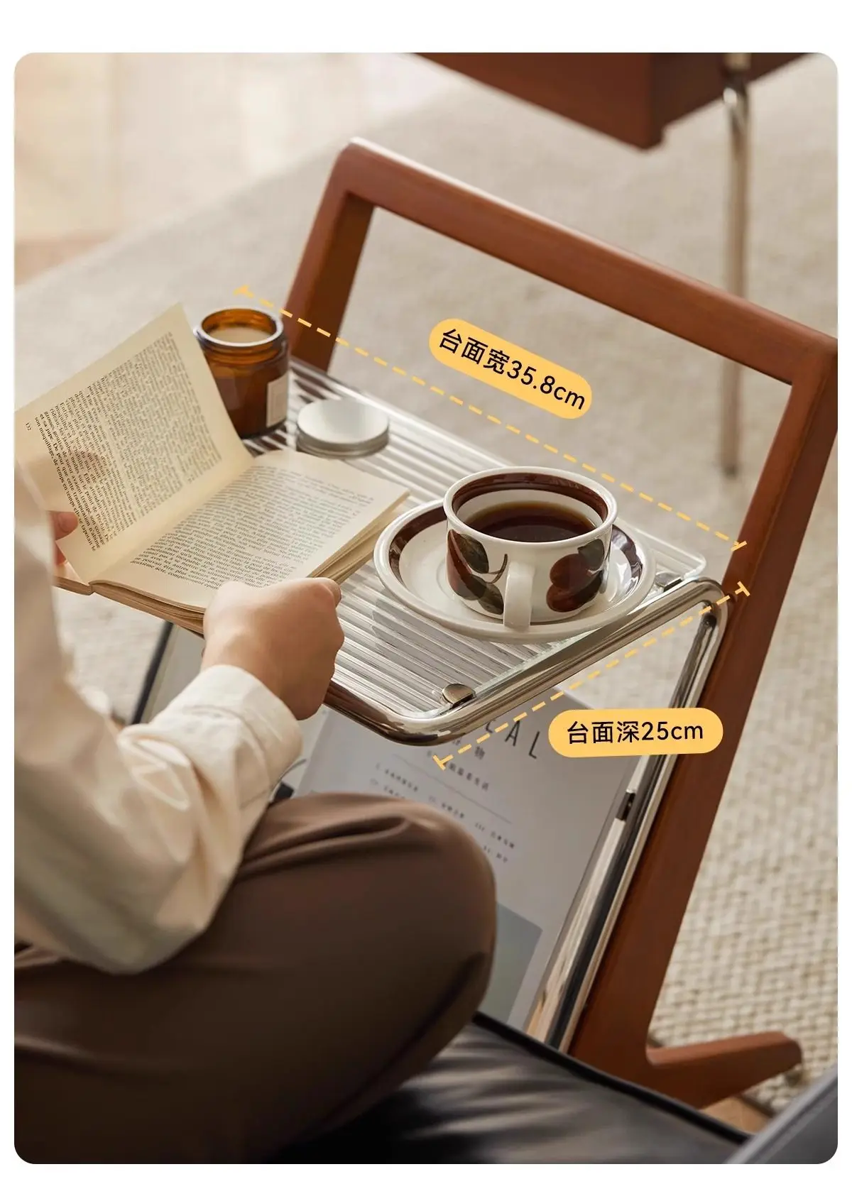 French retro solid wood edge table household removable sofa glass coffee table light luxury premium bedroom bedside table 6