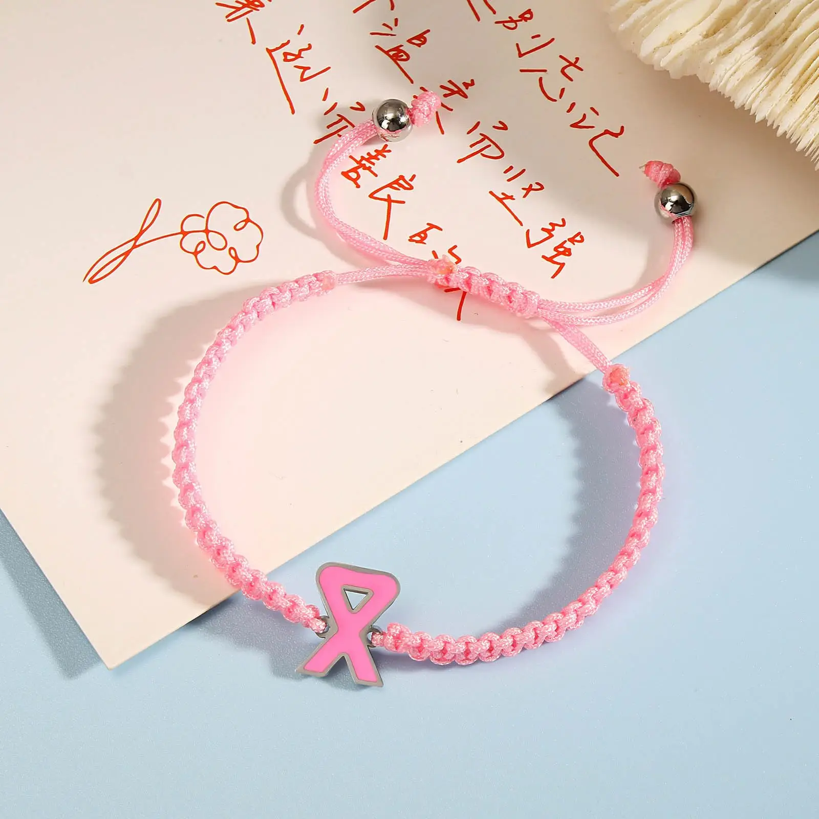 Breast cancer Awareness Hope Women Ribbon Charm Woven Rope Wristband Bracelet Jewelry Gift Woven Bracelet (with card)