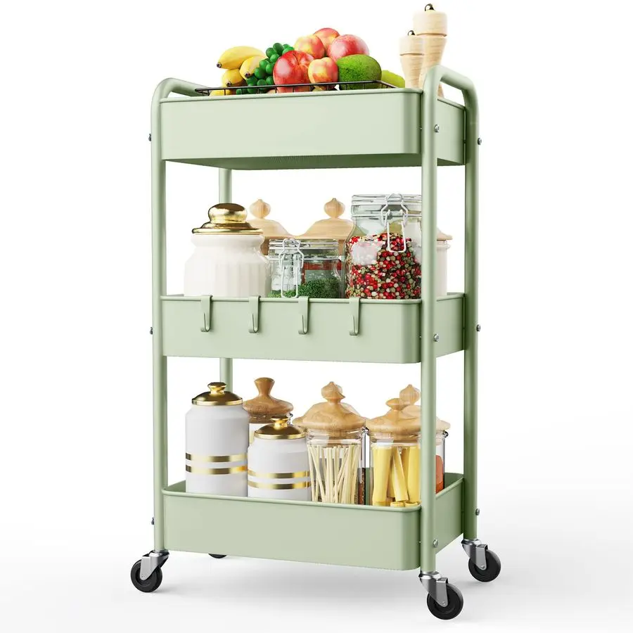 

3 Tier Rolling Storage Cart, Metal Trolley Utility Cart with Wheels amp Hooks, Easy Assembly Organizer Storage Cart for Bathroo