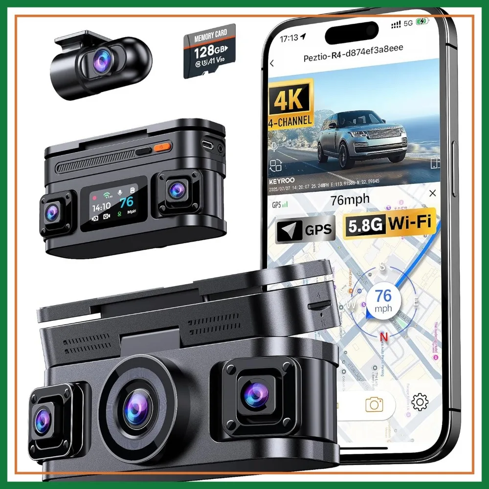 

360° 4K 4-Channel Dash Cam Front Rear Left Right, Built-in GPS, 5.8GHz WiFi, Parking Mode, G-Sensor, Free 128GB Card