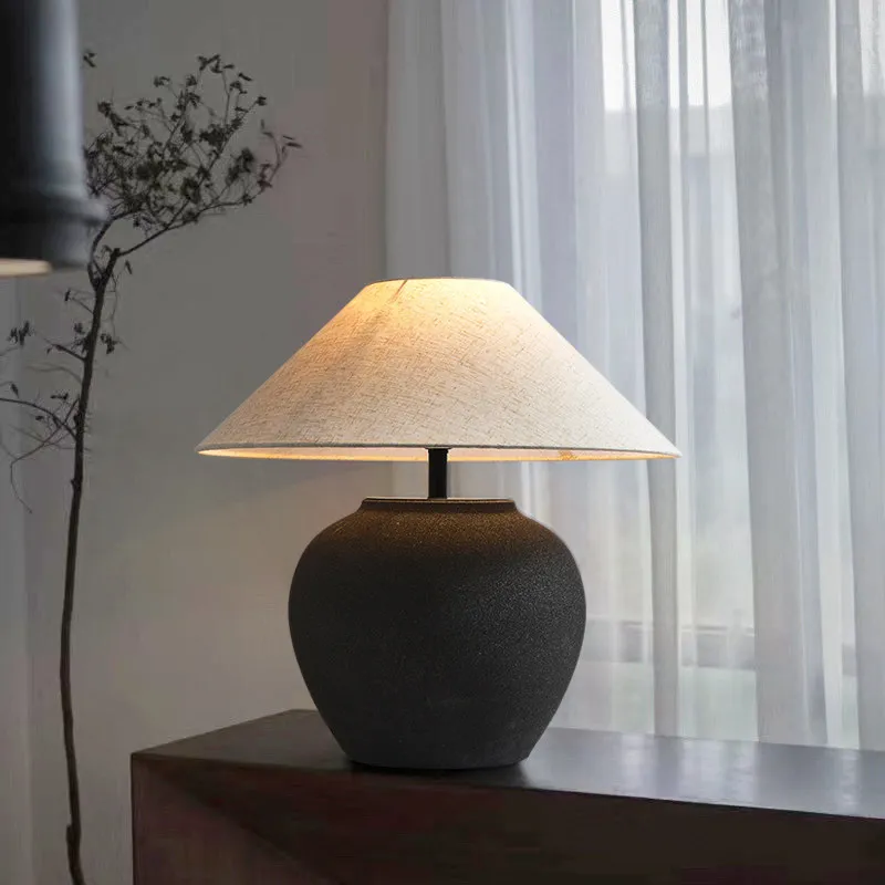 Vintage Ceramic Table Lamps Wabi-sabi Series Linen Lampshade Black/White Retro E27 Led Desk Light For Living Room Bedroom Study