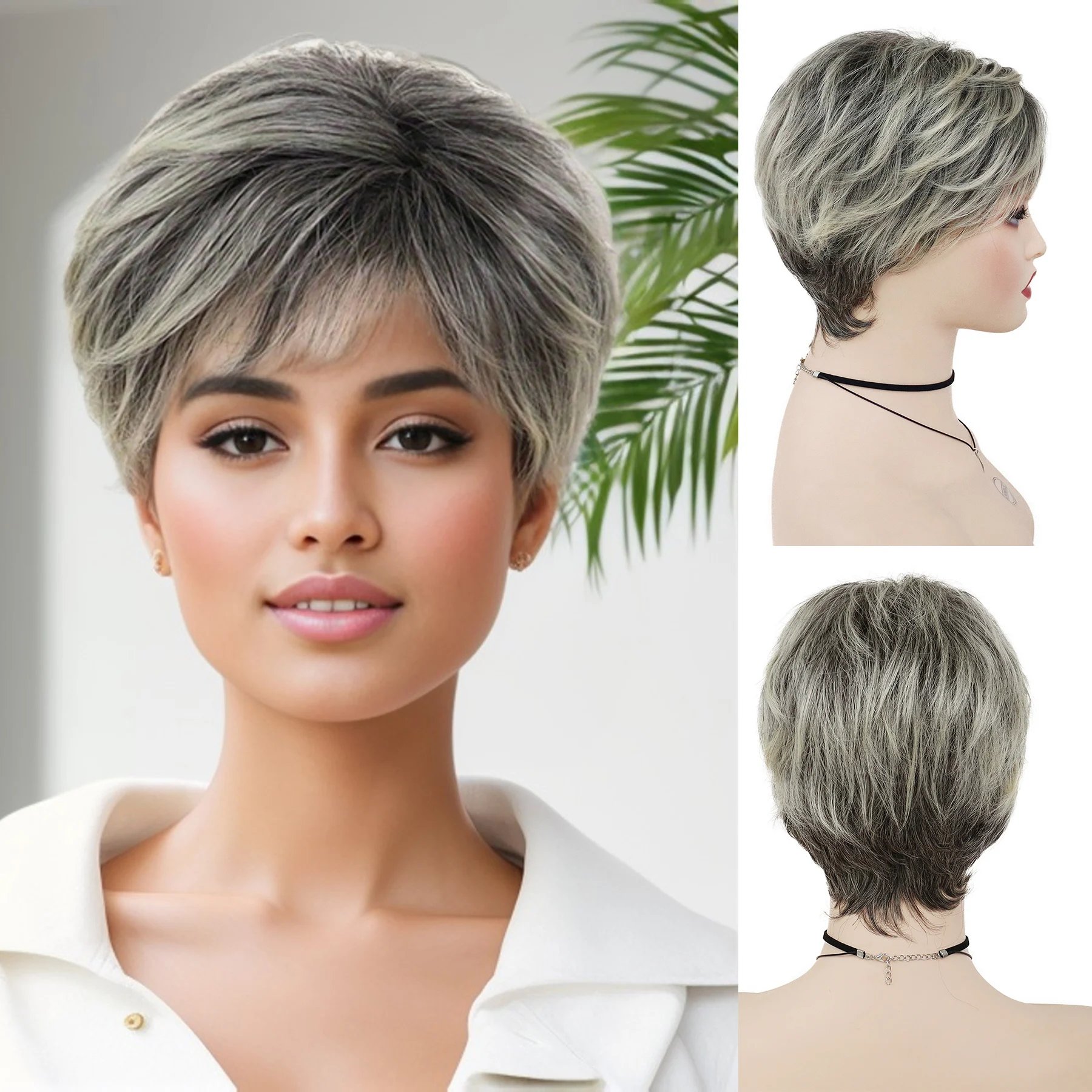 

Синтетические полные парики Стрижка пикси Парик для замены волос Короткий прямой смешанный серый парик с челкой для женщин Повседневная одежда Термостойкий