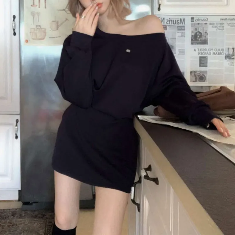 

American Retro Skew Collar Dresses Women's Clothing Fashion Off Shoulder Spring Autumn Hotsweet Waist Bag Hip Basic Mini Dress