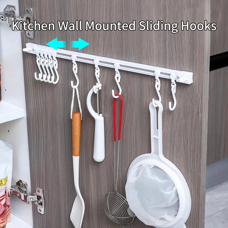 Strong Self-adhesive Track Row Hooks Can Slide S-shaped Hook Non Punching Kitchen Bathroom Storage Rack