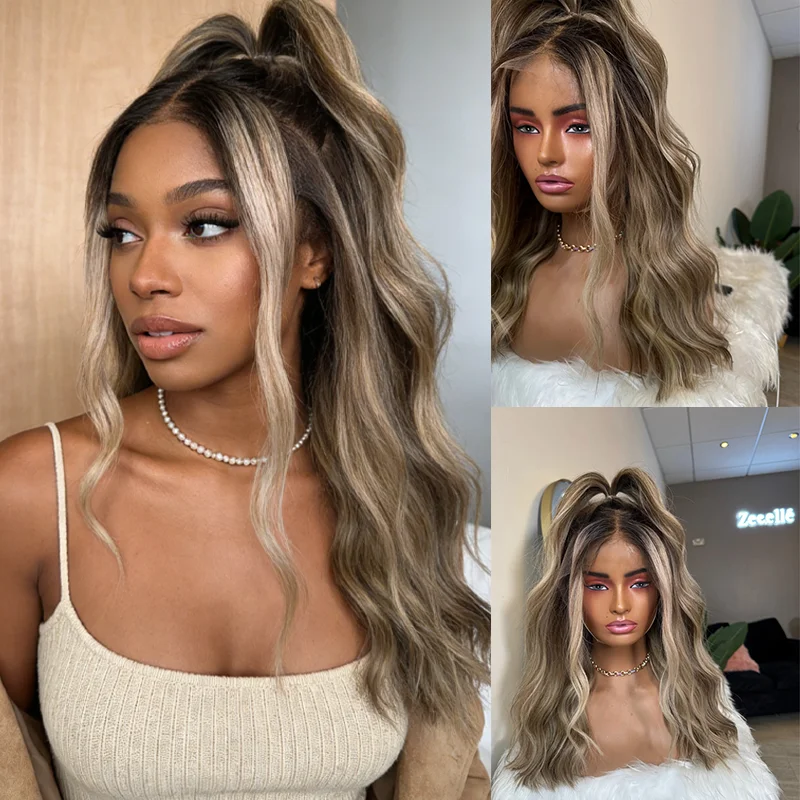 Synthetic Mixed 5% Human Hair Wigs Dirty Ash Blonde Highlights Lace Front Wig 13x4 Invisible Lace Glueless Pre Plucked 22inchs