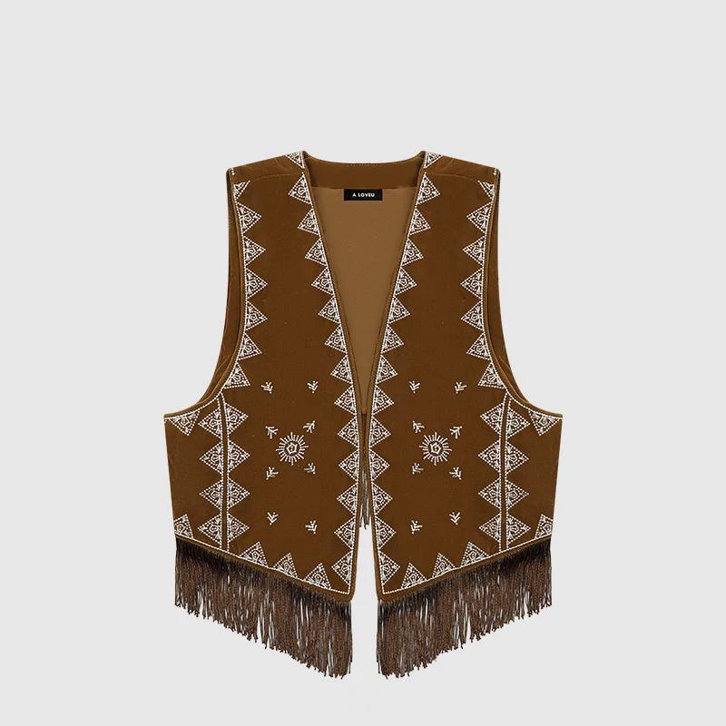 

Ethnic style retro tassel embroidery vest cardigan women's design sense niche layered vest chic sleeveless top outfit