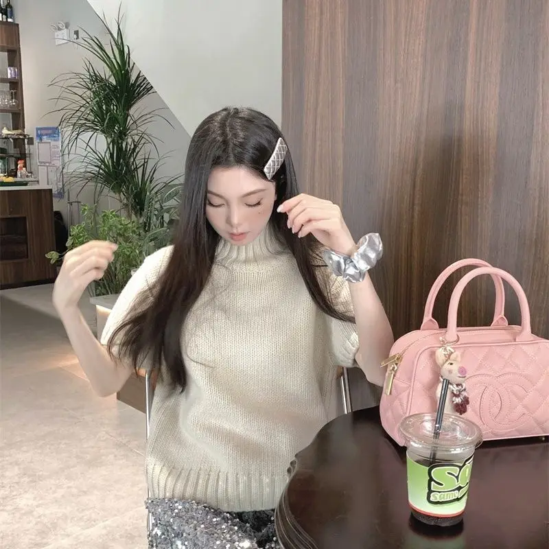 2025 automne et hiver bulle col rond pull col haut couleur unie ample à manches courtes pull pour femme