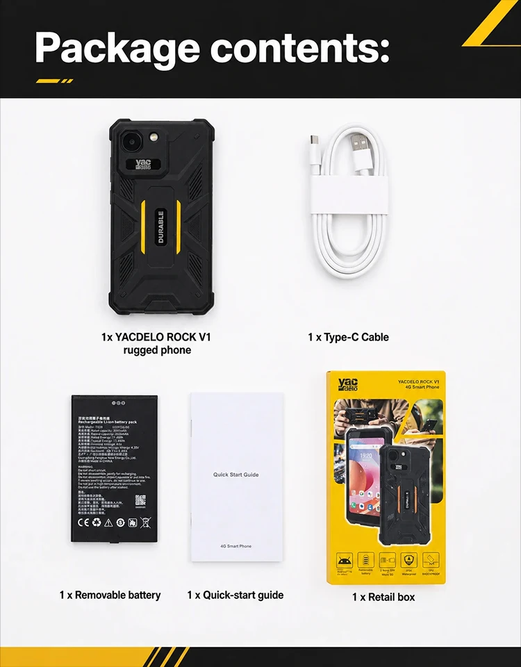 YACDELO ROCK V1 Mini Smartphone Compact Size 4.96' Display 3GB 32GB Removable 3000mAh Battery Android 16 GO Light Weight Phone