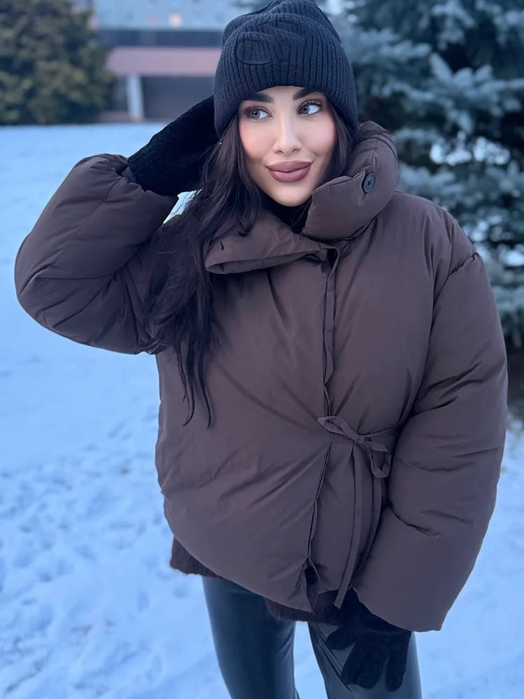 

HH зимнее женское повседневное тонкое уличное пальто с высоким воротником и длинными рукавами, женская хлопковая одежда, модная однобортная коричневая короткая шнуровка