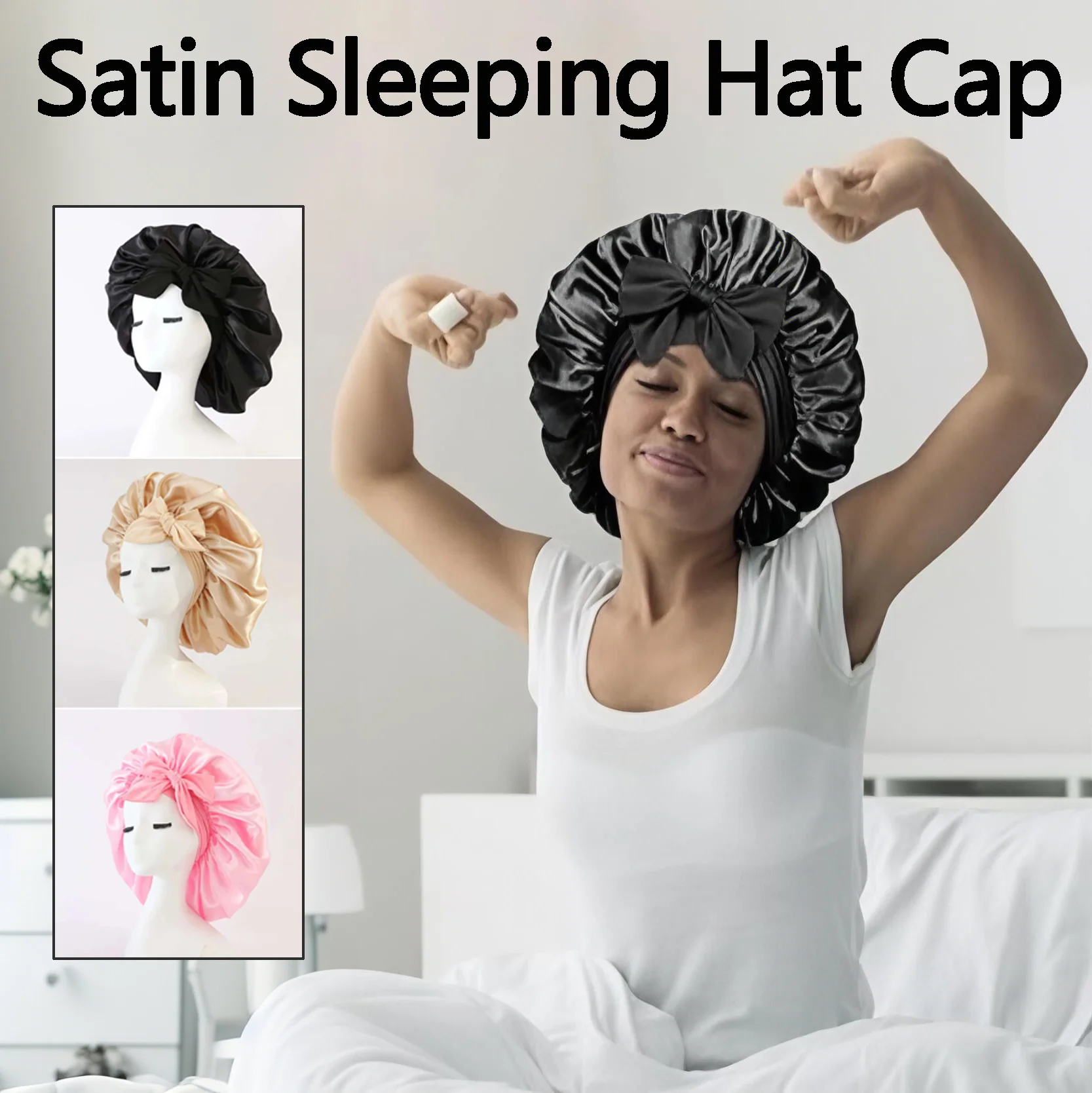 New Satin Solid Sleeping Hat Cap Wide Band Stretch Head Tie Silky Bonnet Edge Wrap Nightcap Hair Care Shower With Stretchy Tie