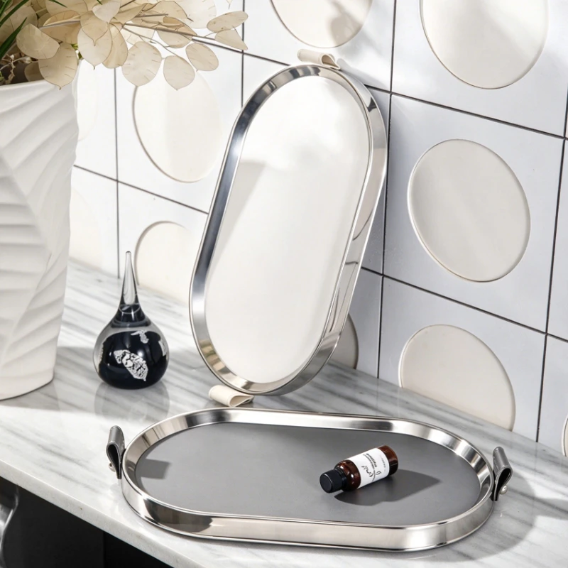 Minimalist Stainless Steel Leather Tray Luxury Decorative Storage Plate Living Room Display Organizer Entryway Home Accessories