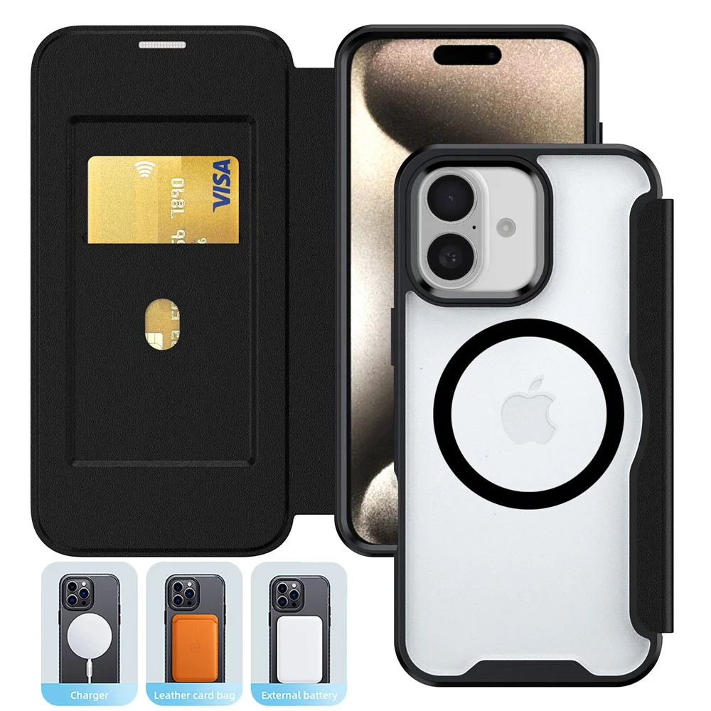 Luxuriöse Flip-Slot-Kartenhülle mit Magnetverschluss für iPhone 18 15 16 11 12 13 14 17 Pro Max, matte, durchscheinende, stoßfeste Hülle – Detail 10