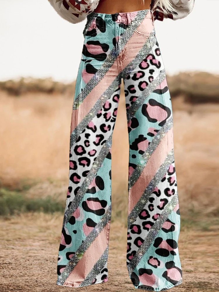 

Vintage Western Leopard Print Wide Leg Trousers