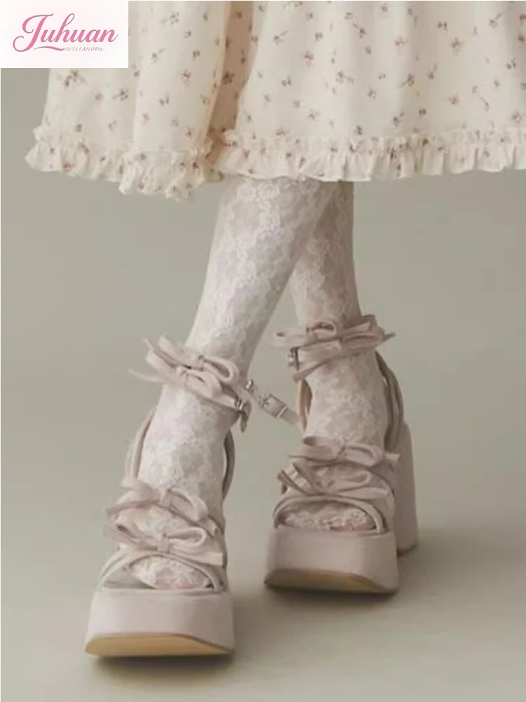 

Лето 2022, новые японские женские босоножки в стиле Лолиты на высоком каблуке в стиле Лолиты с милым бантом и толстой подошвой на танкетке
