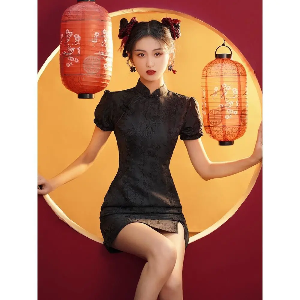 Black cheongsam 2024 new summer young French girl dress national fashion small short temperament  cheongsam dress modern 2024