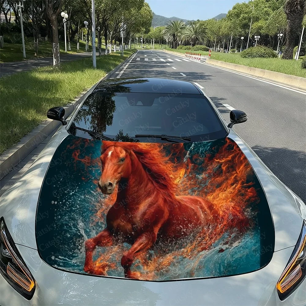 Vibrant horse design with fiery mane and splashing water, perfect for car hoods. Adds a dynamic and bold look to your vehicle.Ca
