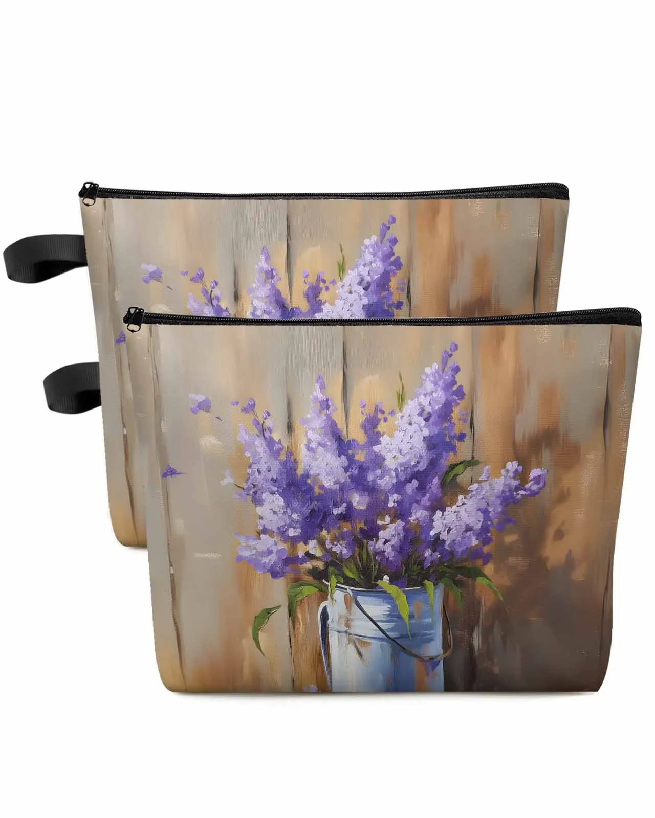 Oil Painting Purple Lavender Iron Bucket Women Portable Storage Bag Pouch Napkin Cosmetic Bags Organizer Ladies Makeup Bag