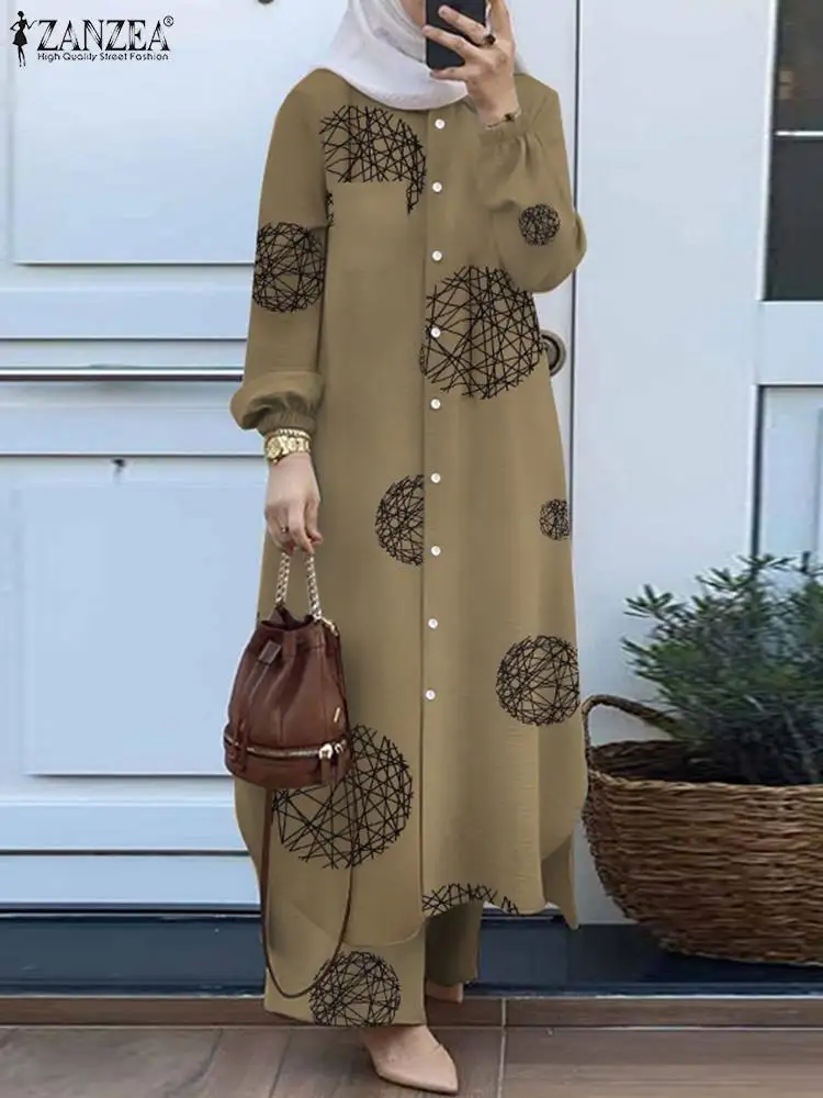 ZANZEA 2 adet kadınlar uzun kollu gömlek pantolon setleri Vintage rahat gevşek Dubai türkiye Abaya pantolon takım elbise çiçek baskılı müslüman