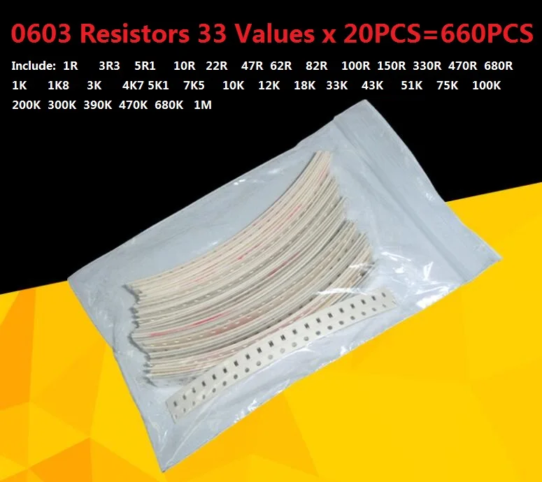 33valuesX 20pcs = 660pcs 0603 Kit de resistor sortido 1R a 1M Ohm 5% SMD Kit de amostra DIY 3.3R 5.1R 10R 22R 47R 62R 82R 100R 1K 10K