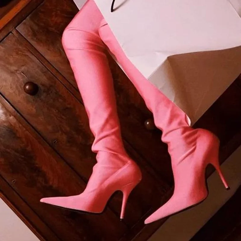 

Hot Selling Women Sock Boots Pink Purple Green Pointed Toe Stretch Tight High Boot 10cm High Heel Street Over The Knee Boots