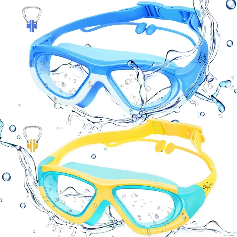 Kinder-Schwimmbrille für 3-12-Jährige Verbessertes Design mit Ohr- & Nasenstopfen Weitwinkel Anti-Beschlag Kein Leck Wasserfest Pool-Brille