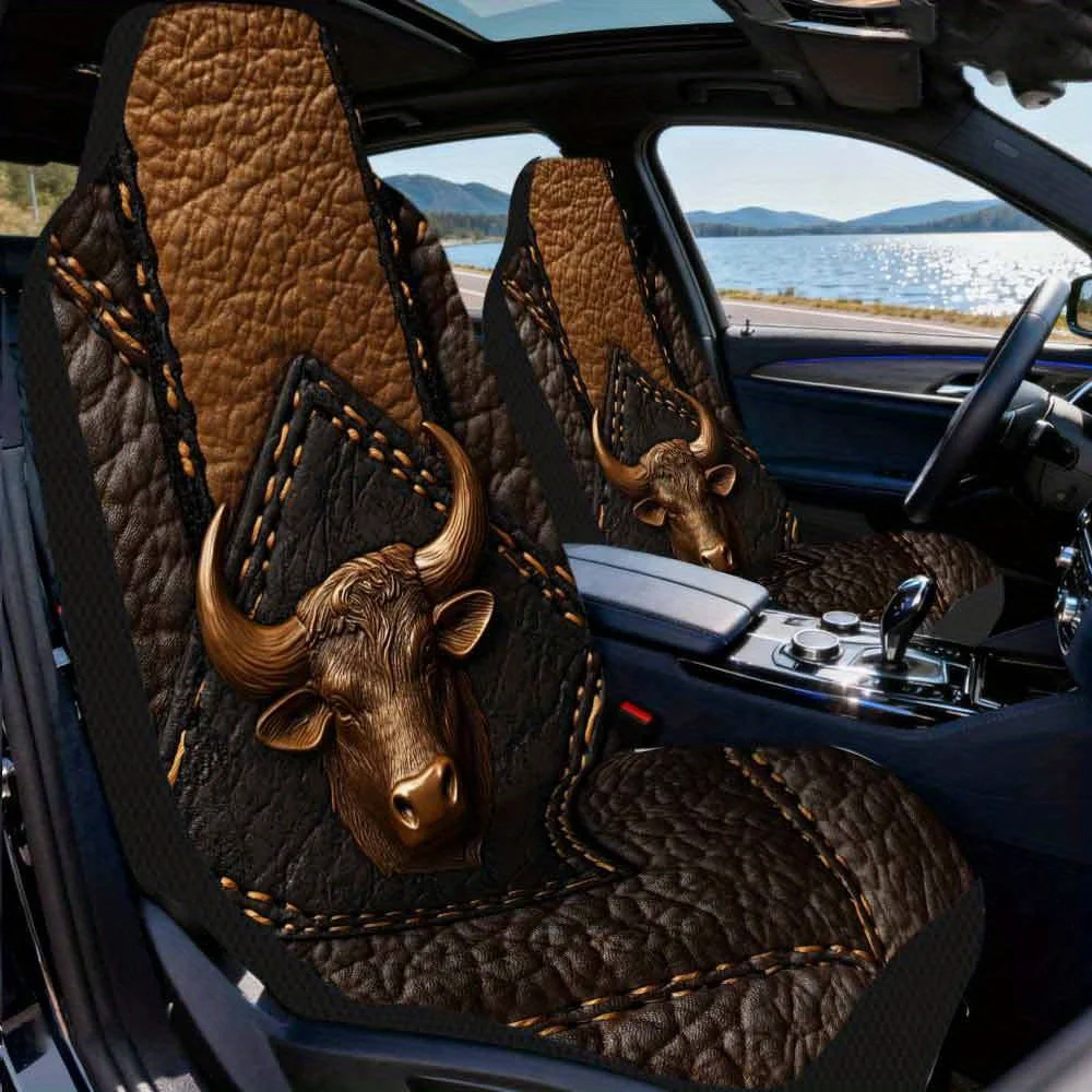 2pcs Car Seat Covers Set, Embossed Bull Design Print, Trendy Vehicle Seat Covers. Fits Weekend Leisure Trips, Friend Short Self