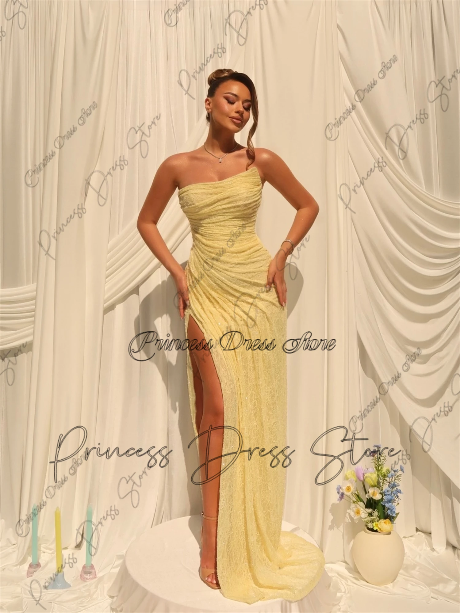 

Elegant Lace Women Strapless Pleated Long Dress Solid Split Sleeveless Backless High Waist Slim Fit Maxi Bridesmaid Dresses