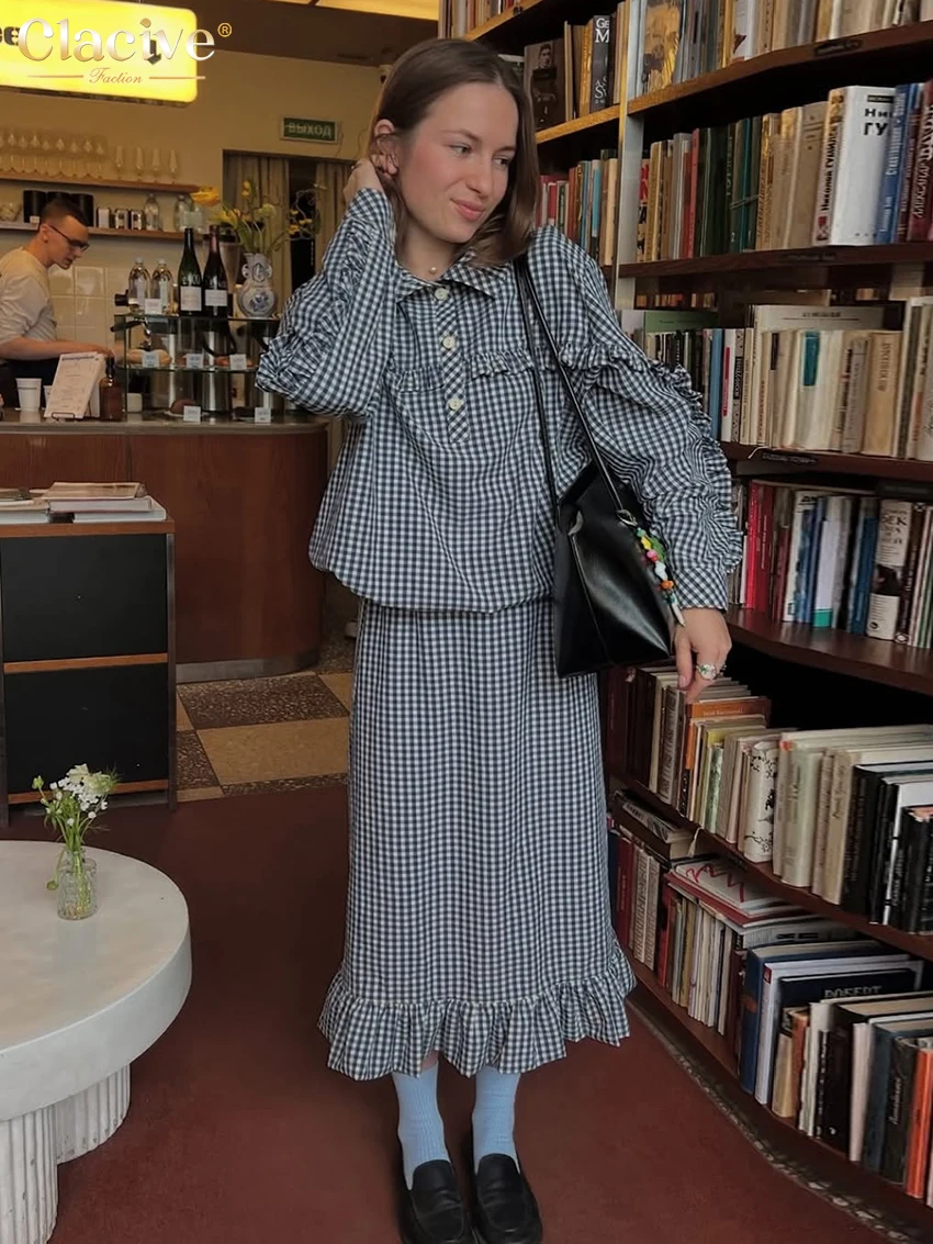 

Clacive Fashion Loose Plaid Women's Two Pieces Set 2025 Elegant Long Sleeve Shirt With High Waist Midi Skirt Set Female Clothing