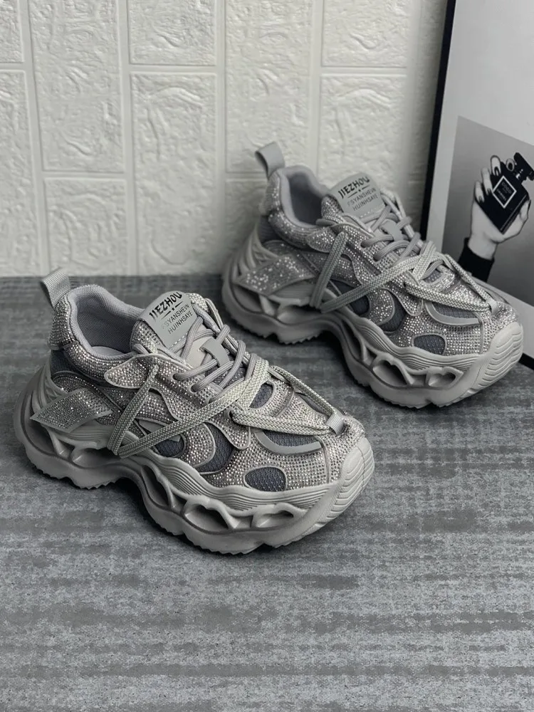 Spring Women Comfortable Lace Up Trainers Platform Sport Shoes Patchwork Mesh Thick Bottom Diamonds Breathable Running Sneakers