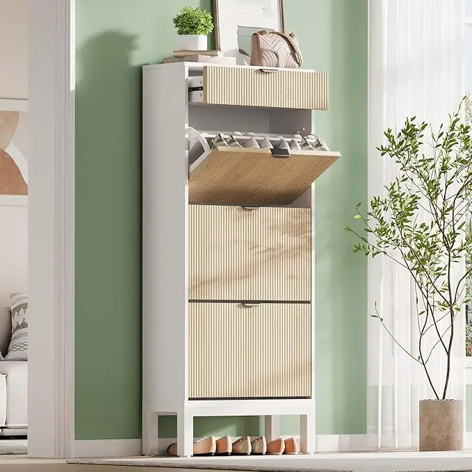 Schuhaufbewahrungsschrank für den Eingangsbereich mit 3 Klappschubladen, Modernes Schuhregal mit Metallbeinen, Freistehender Schmaler Schuhorganizer
